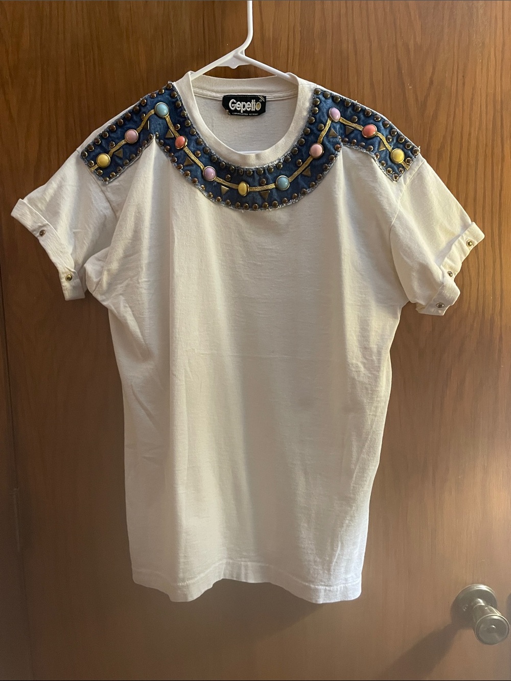 Gepetto Embellished off white Tee with Colorful Stud Detail